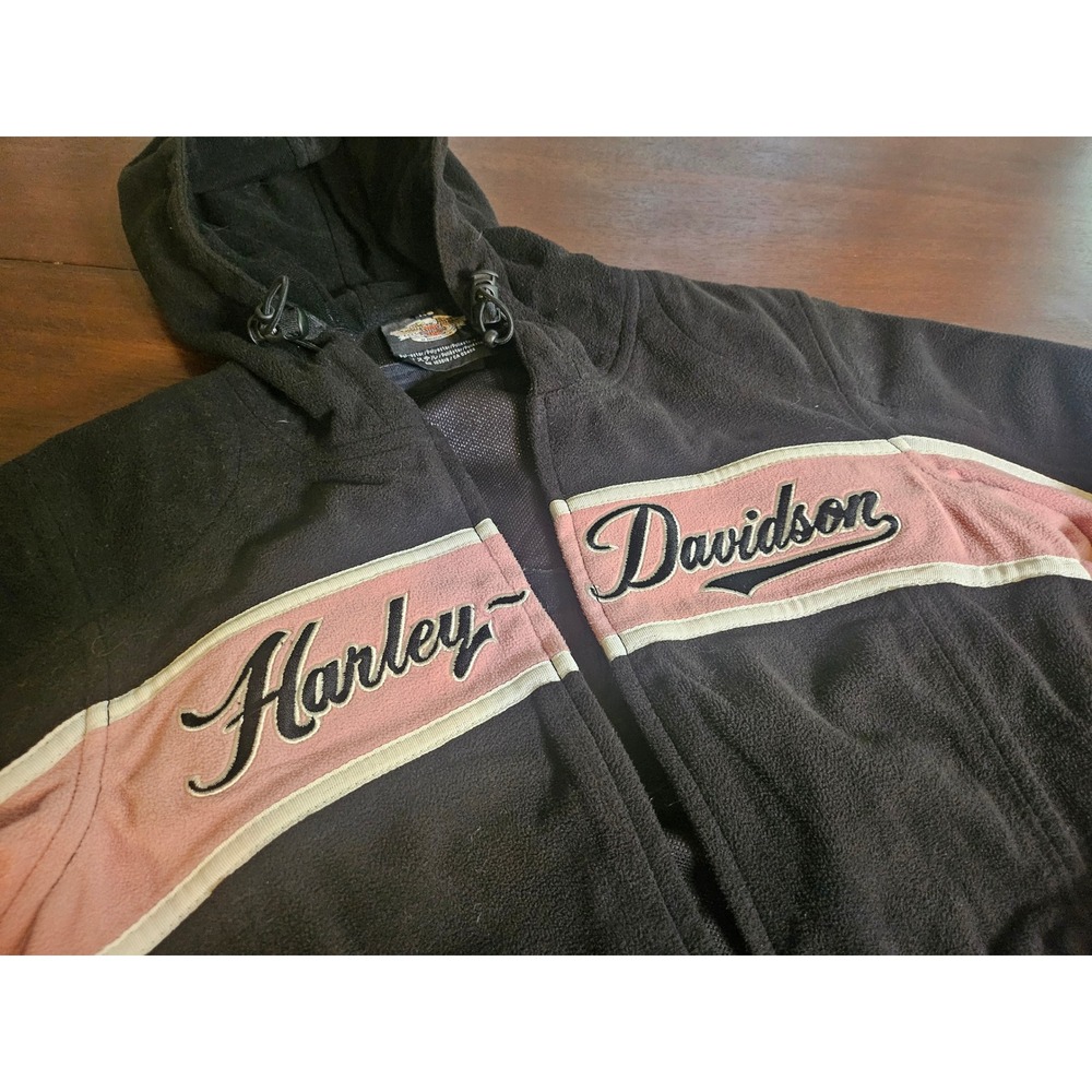 Harley-Davidson Fleece Jacket Womens XS Black Pink Bar Shield Zip Hoodie